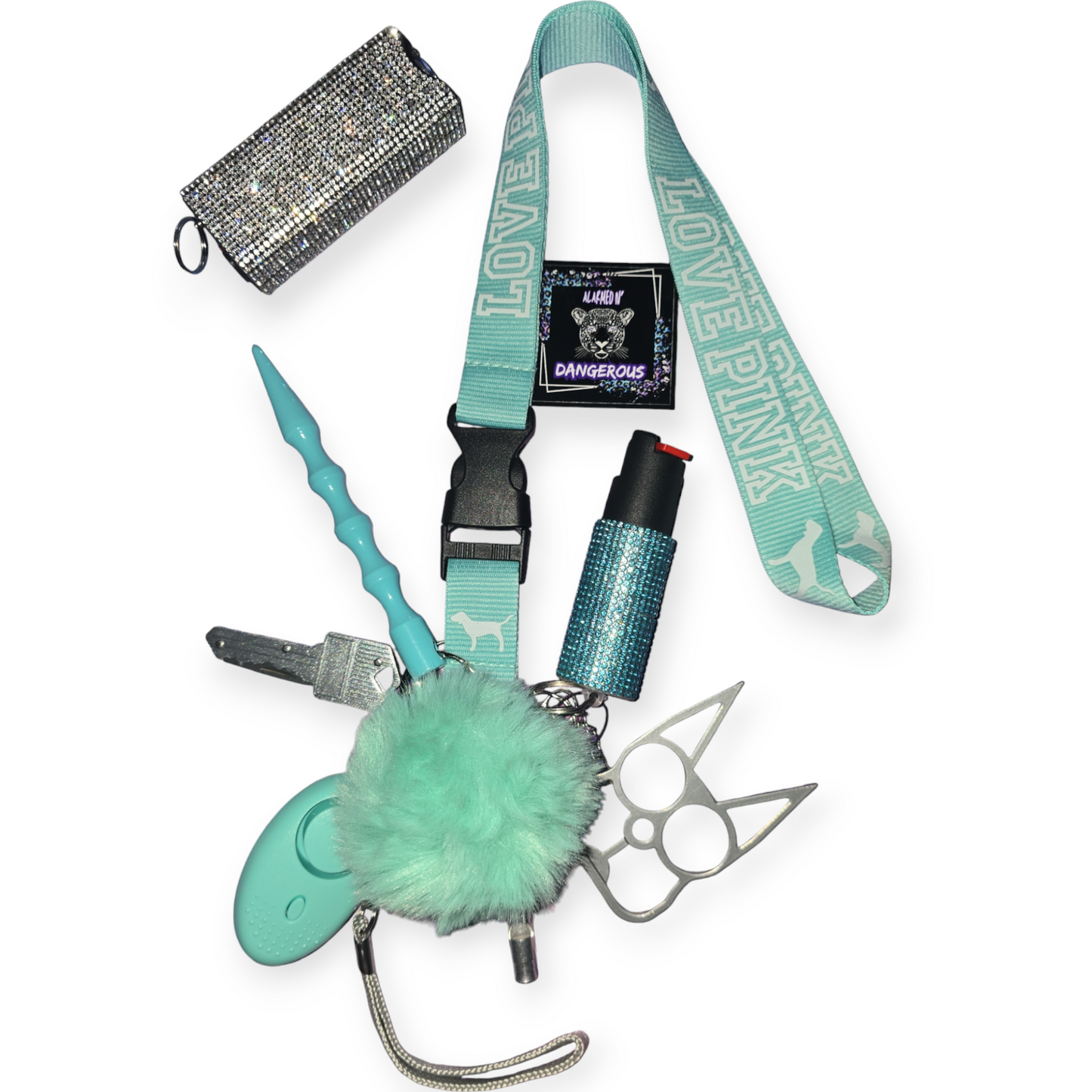 Teal/silver lanyard style self defense keychain